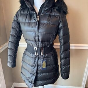 Polo by Ralph Lauren Black Puffer Jacket with Fur-Trimmed Hood NEW with tags